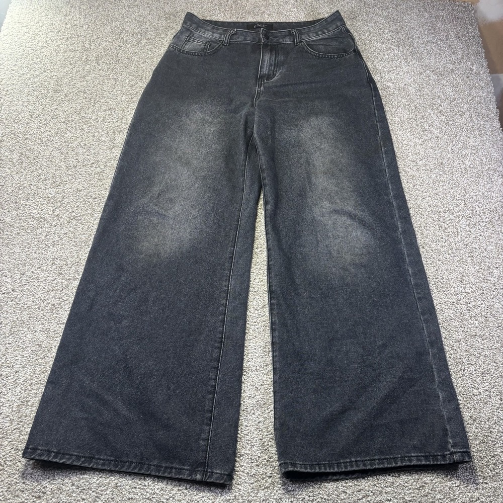 FME Wide Leg Jeans Womens L Gray Dark Wash High Rise Relaxed Denim Pants N03